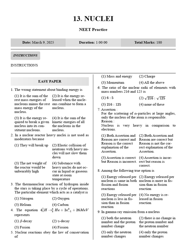 NEET Nuclei Practice Questions | PDF | Atomic Nucleus | Neutron