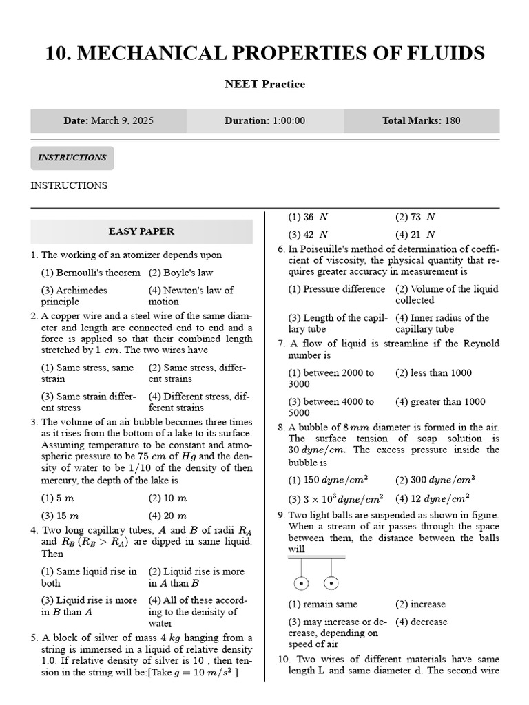 Mechanical Properties of Fluids NEET Practice | PDF | Stress (Mechanics ...