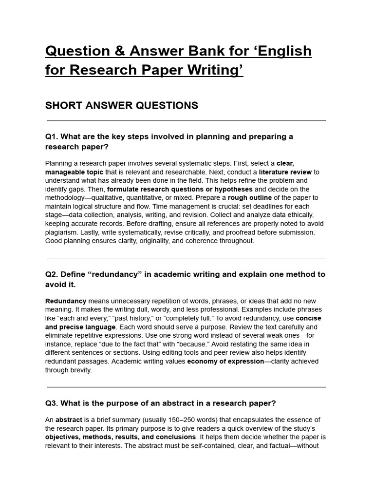 Question & Answer Bank For English For Research Paper Writing' | PDF ...