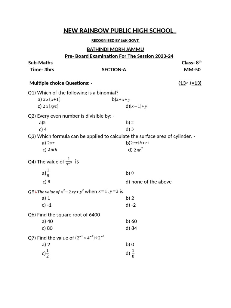 Class 8 Math Pre-Board Exam 2023-24 | PDF | Area | Mathematical Concepts