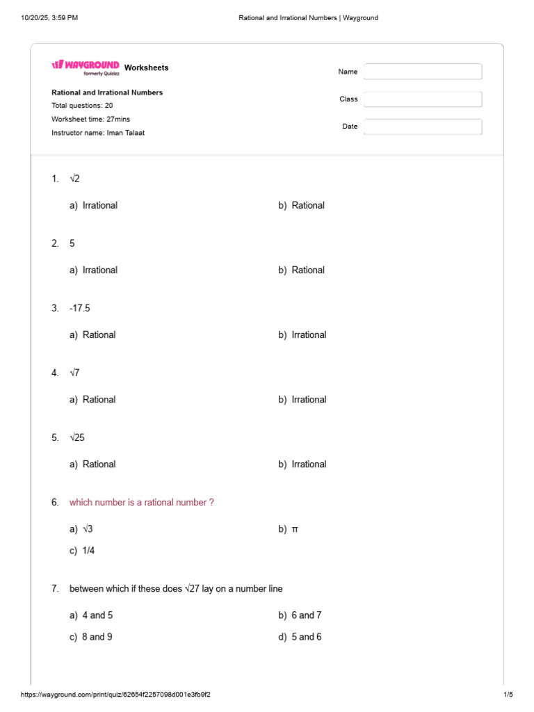 Rational vs Irrational Numbers Worksheet | PDF | Rational Number | Numbers