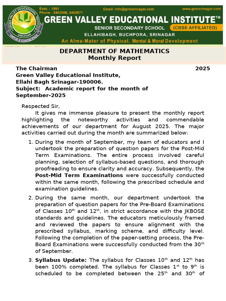 7 Monthly Report September-2025 | PDF | Teachers | Creativity