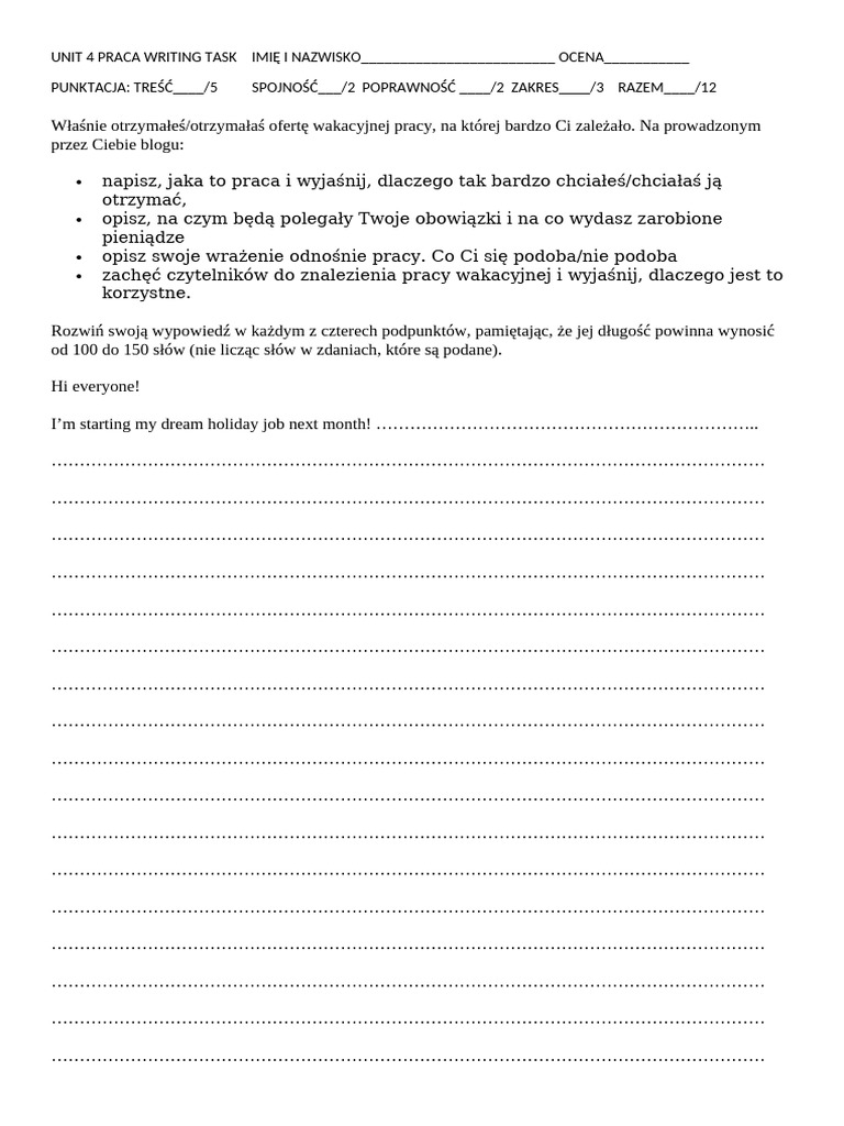 Unit 4 Praca Writing Task Imię i Nazwisko | PDF