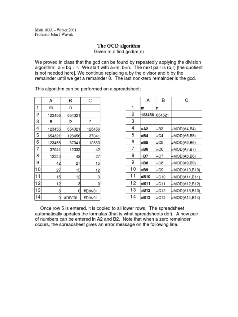 Algorithm GCD | PDF | Spreadsheet | Discrete Mathematics