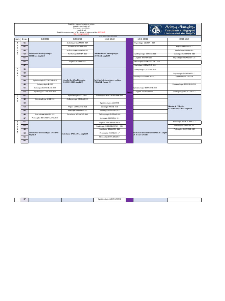 Emploi du temps L1 Sciences Sociales 2025 | PDF | Concept de ...