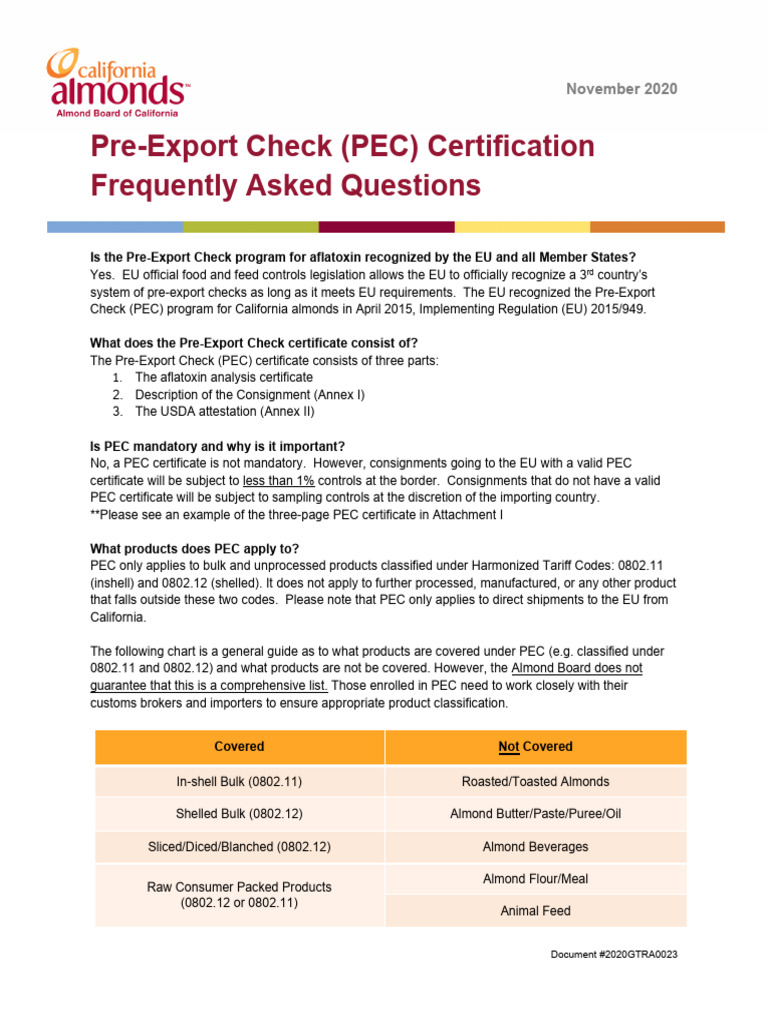 PEC Certification FAQs for California Almonds | PDF | Almond