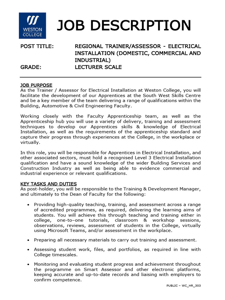 RTA Job Description: Electrical Trainer | PDF | Apprenticeship ...