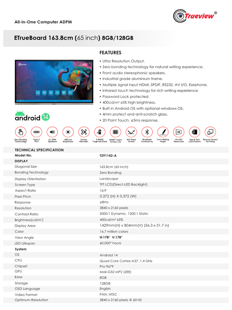 E TrueBoard 65 Inch 8GB 128GB Android 14 Model No.T291142 A | PDF ...