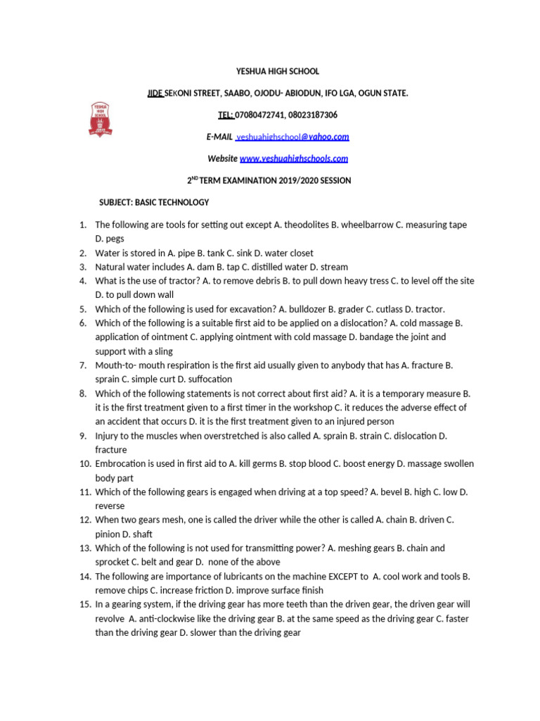 Basic Technology Exam 2019/2020 | PDF | Gear | Rectangle