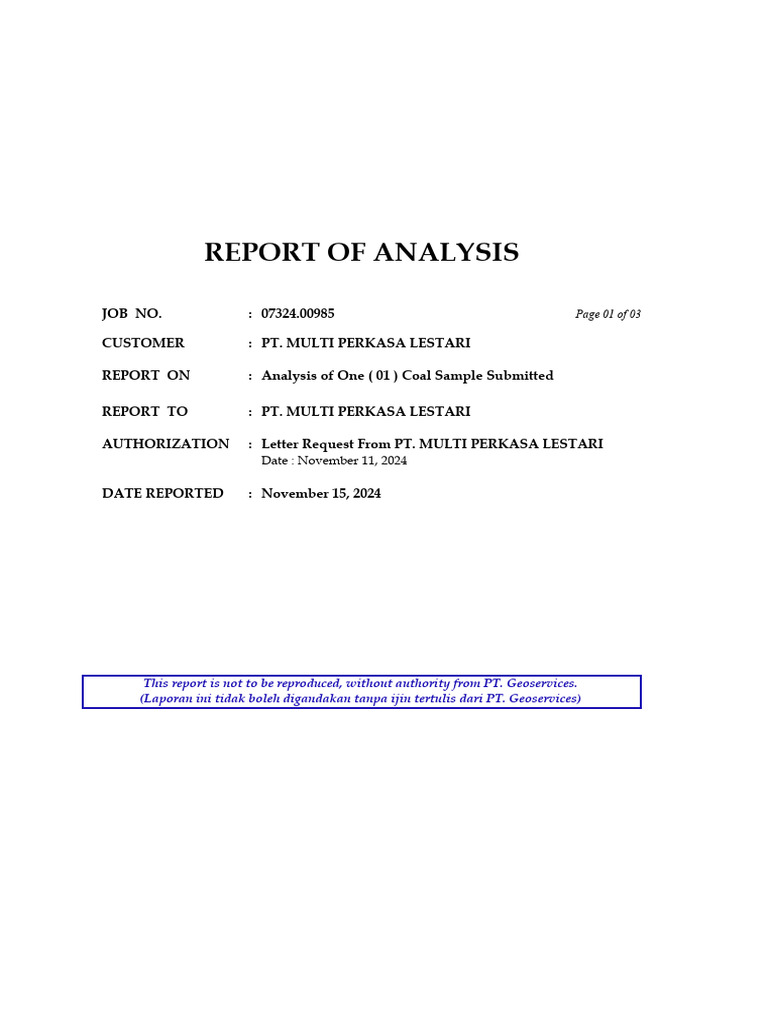 Coal Sample Analysis Report 07324.00985 | PDF | Materials