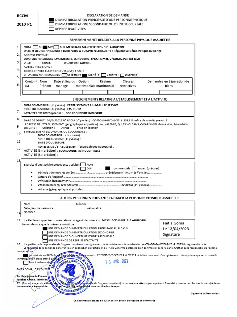 Demande d'immatriculation RCCM Goma | PDF