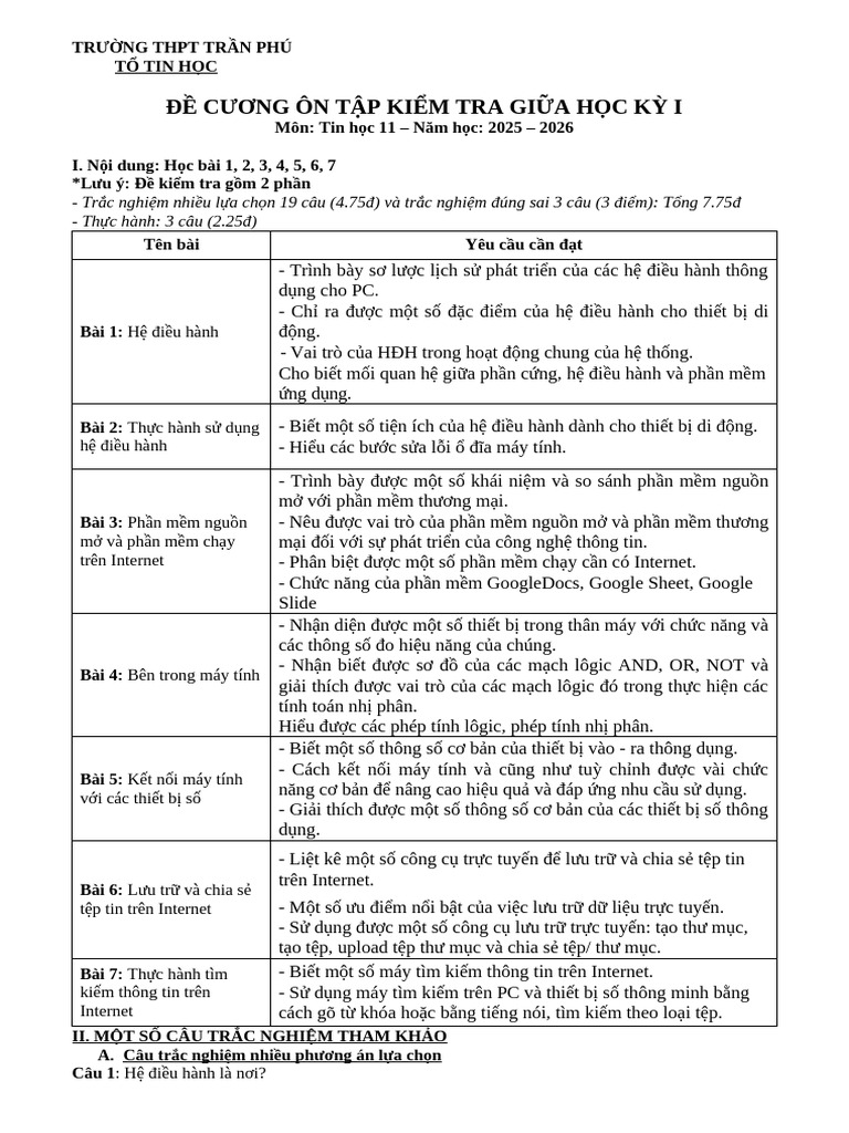Hs k11 de Cuong Gk1 Tin 11 | PDF