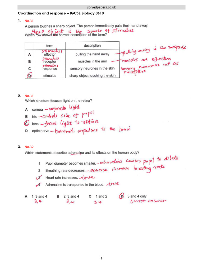 Sample Coordination and Response IGCSE 0610 Biology Solved | PDF