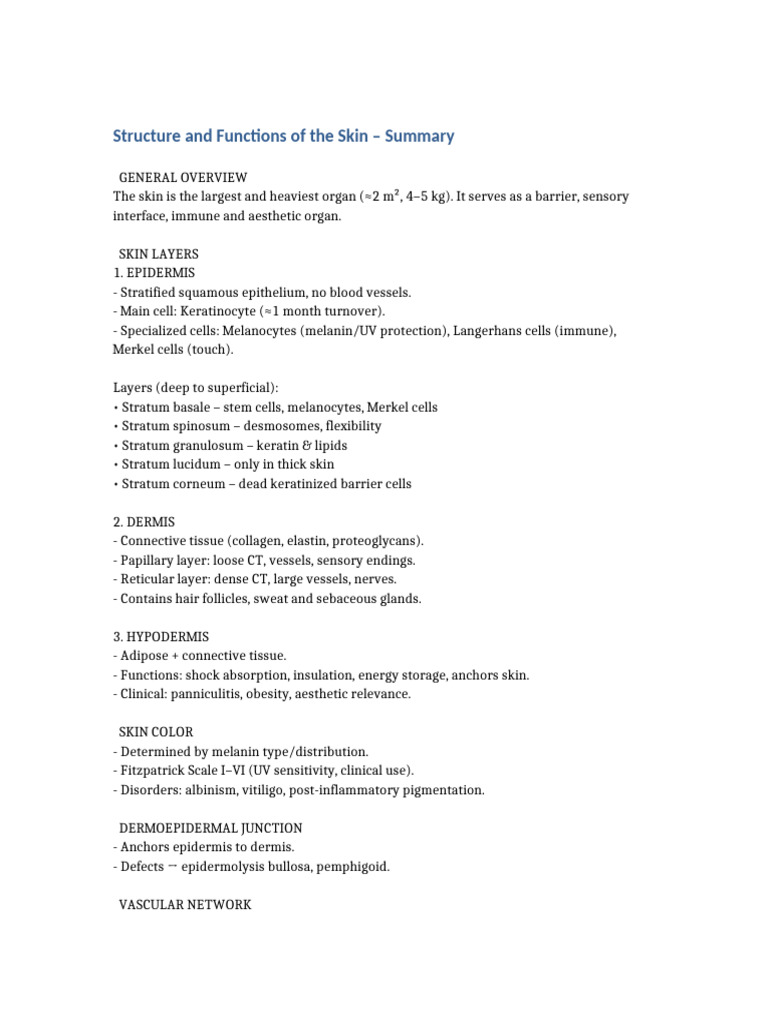 Structure and Functions of the Skin Summary | PDF | Skin | Epidermis