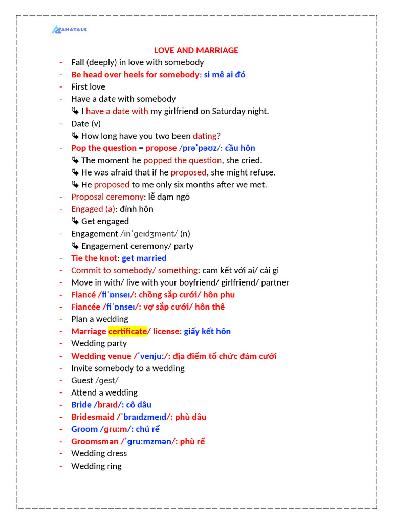 Love and Marriage Vocabulary Guide | PDF | Engagement | Wedding