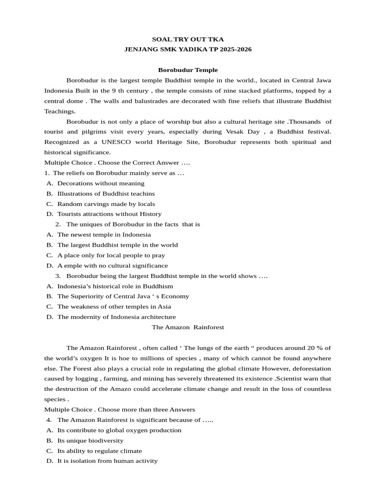 TKA Practice Questions for SMK YADIKA | PDF | Cyberbullying | Adolescence