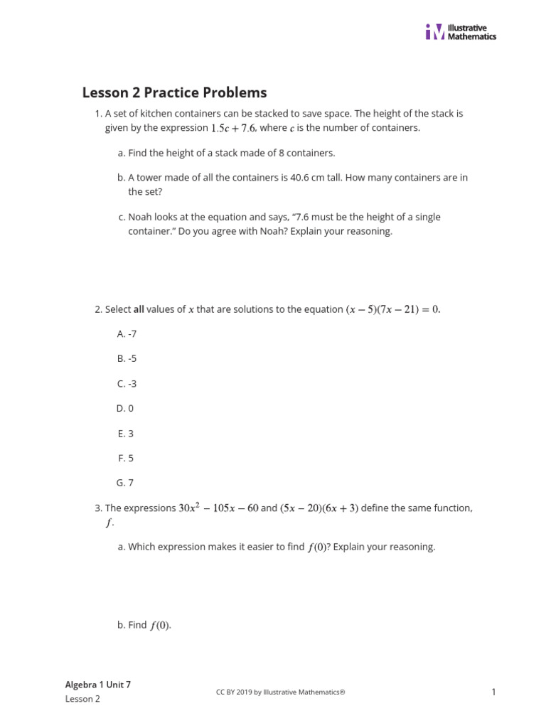 Algebra 1 Lesson 2 Practice Problems | PDF | Equations | Algebra