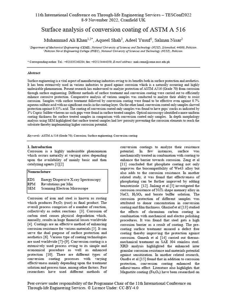 Surface Analysis of Conversion Coating of ASTM A 516 | PDF | Corrosion ...