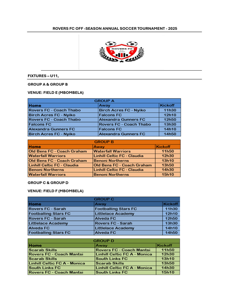 Rovers FC U11 Soccer Tournament 2025 | PDF