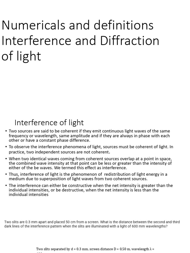 Numericals and Definitions Interference and Diffraction of Light | PDF ...