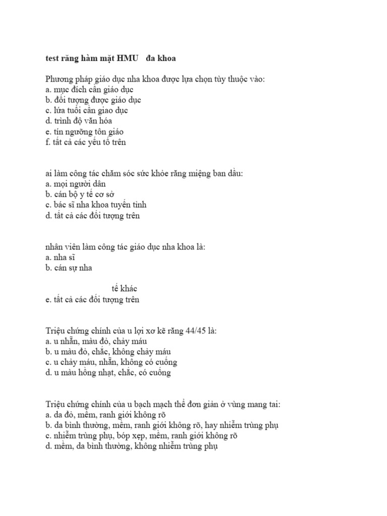 Test Răng Hàm Mặt HMU | PDF
