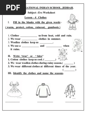 evs worksheet class i lesson 4 clothes pdf clothing nature