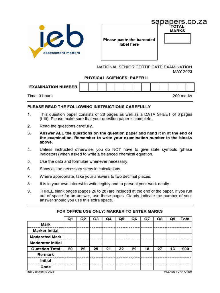 IEB Physical Sciences Exam Paper II | PDF | Chemistry | Chemical Substances