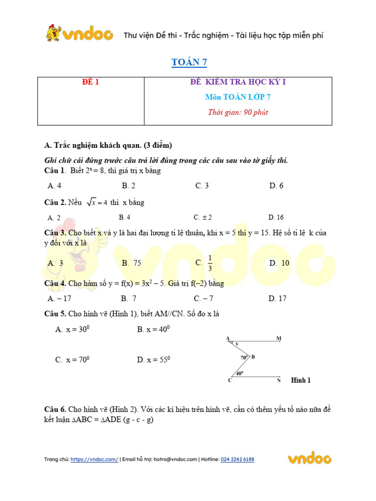 30 de Thi Hoc Ki 1 Toan 7 Co Dap An Da Nen | PDF