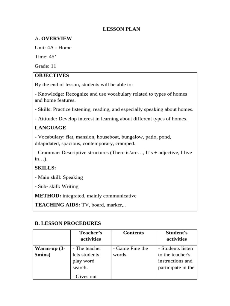 Home Vocabulary Lesson Plan for Grade 11 | PDF | Vocabulary | Lesson Plan