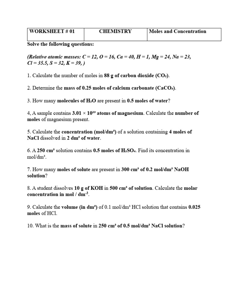 Moles and Concentration Chemistry Worksheet | PDF