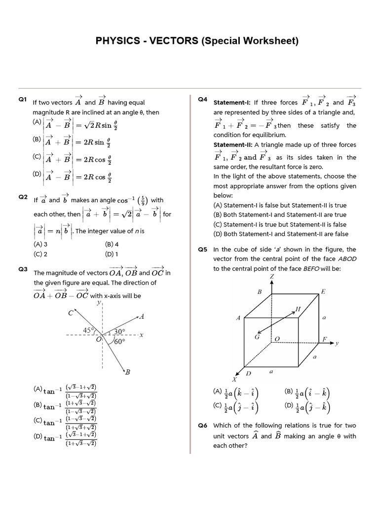 Physics Worksheet on Vector Problems | PDF | Angle | Elementary Mathematics