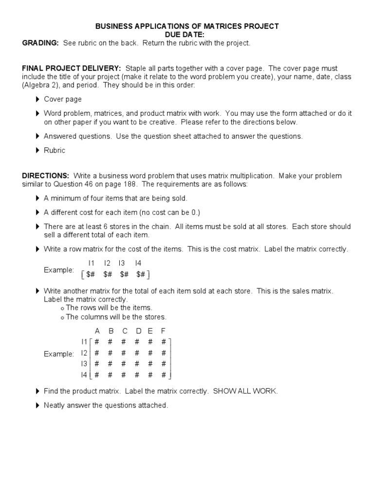 Business Applications of Matrices Project | PDF | Matrix (Mathematics ...