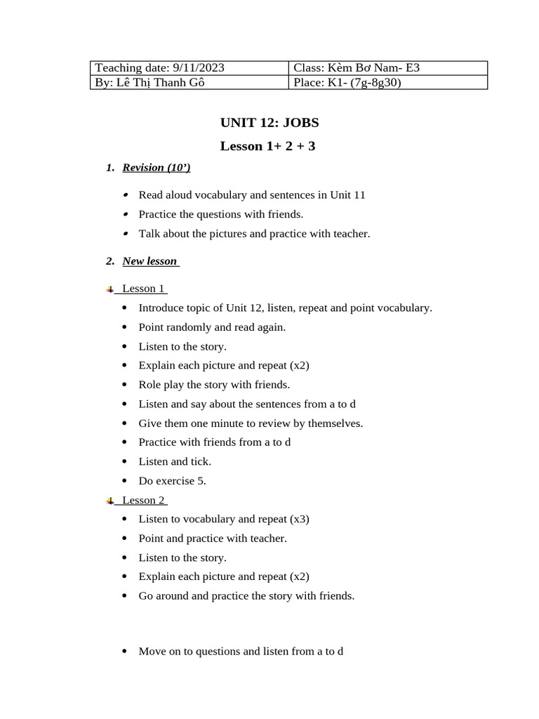 Unit 12: Jobs Lesson Plan Overview | PDF