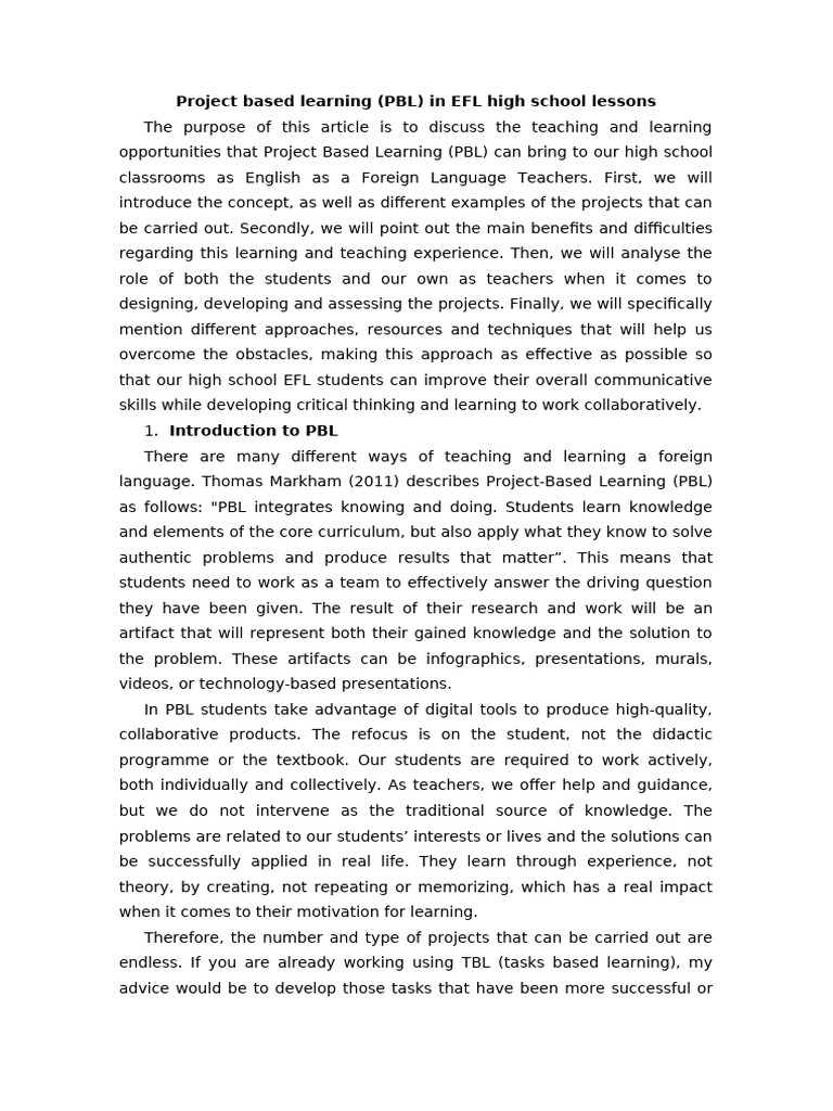 Project based learning (PBL) in EFL high school lessons | PDF | Project ...