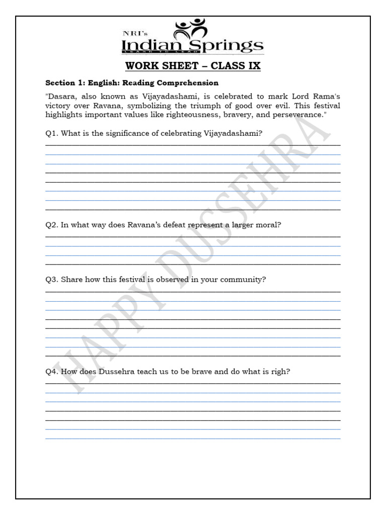 Class IX Worksheet on Vijayadashami | PDF | Mathematics | Elementary ...