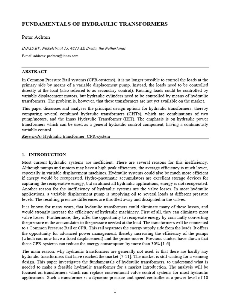 Fundamentals of Hydraulic Transformers | PDF | Transformer | Pump