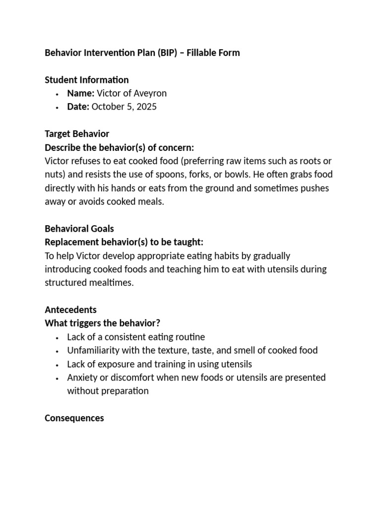 Behavior Intervention Plan for Eating | PDF | Reinforcement ...