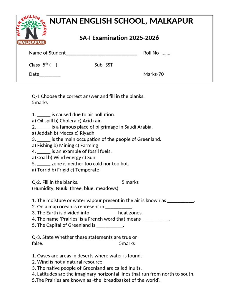 Class 5 SST SA-I Exam Paper 2025-26 | PDF | Nature | Natural Environment