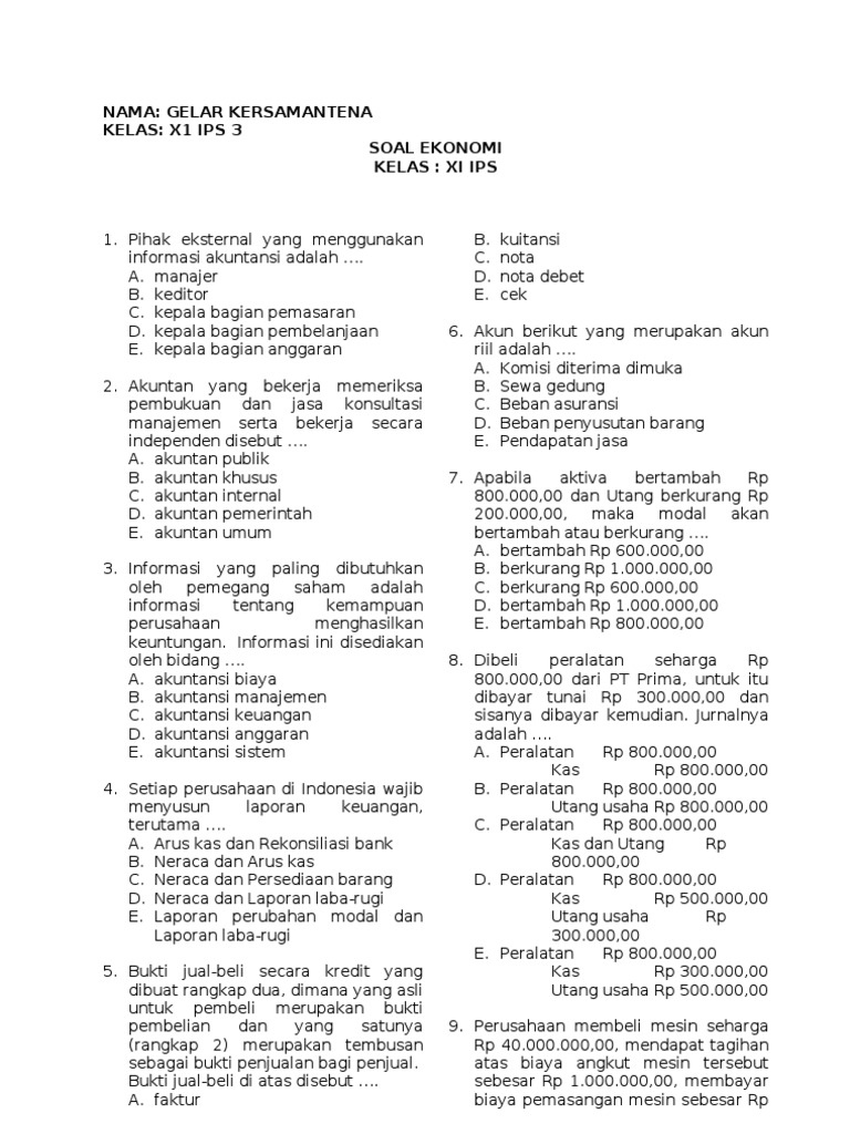 Soal Ekonomi Xi 1