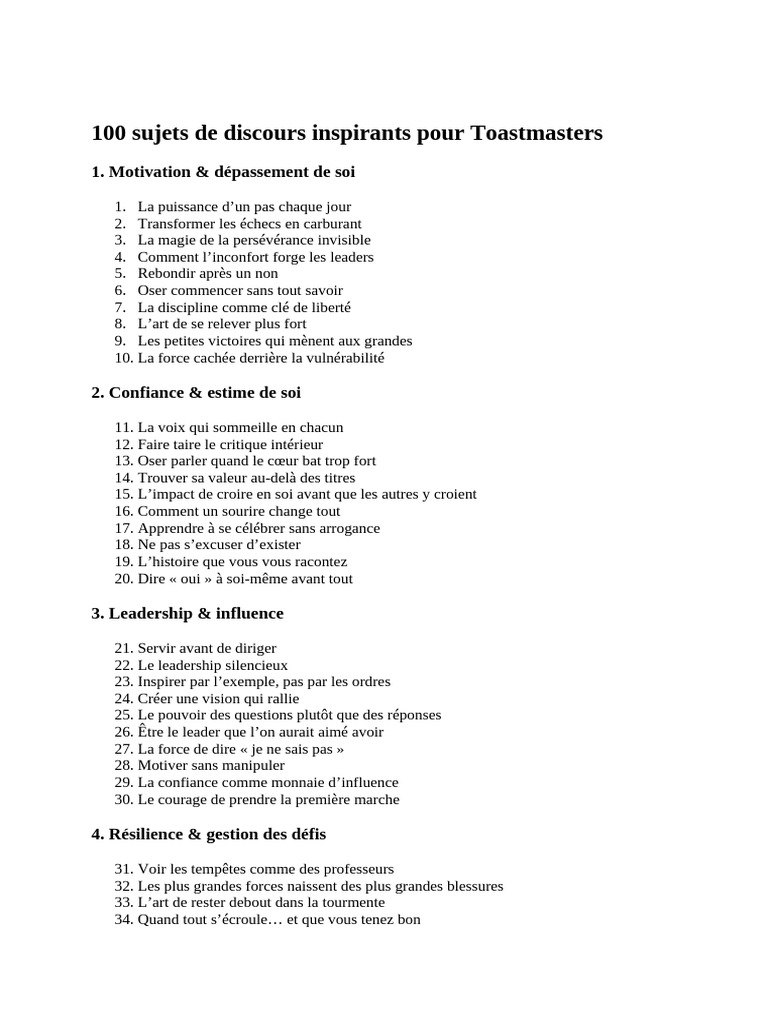100 sujets de discours inspirants | PDF