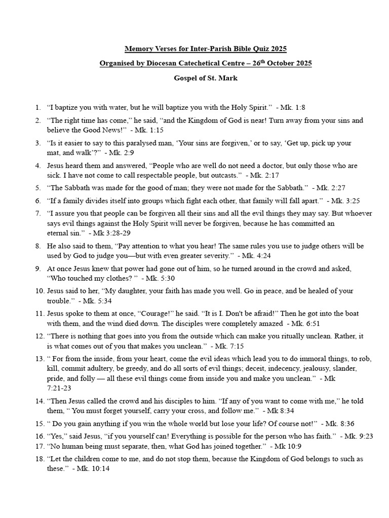 Bible Quiz Memory Verses: Mark 2025 | PDF | Jesus | Theology