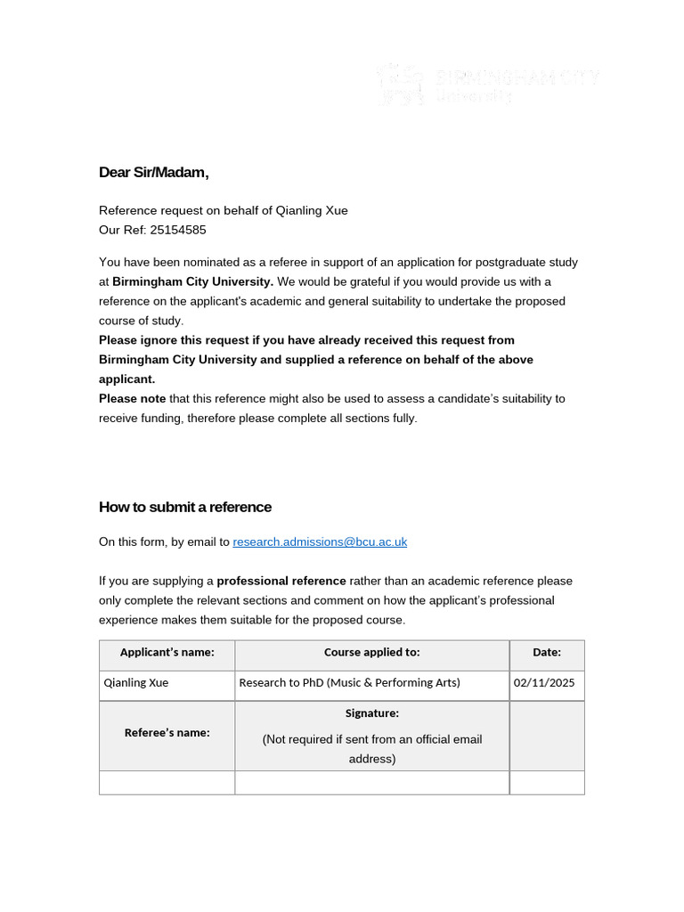BCU Reference Request for Qianling Xue | PDF | Postgraduate Education ...