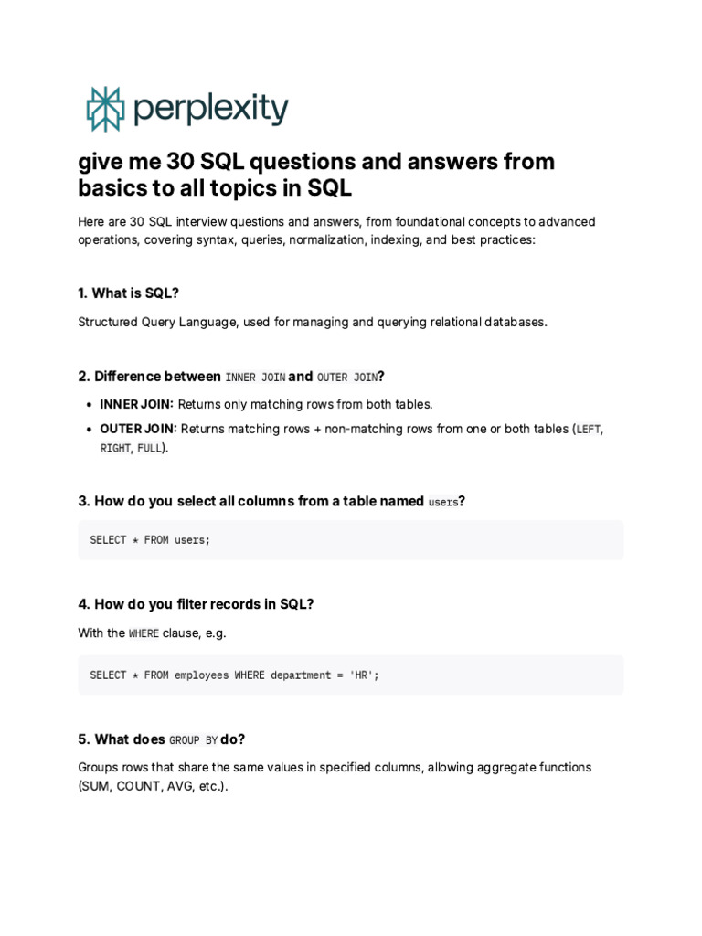 30 Essential SQL Interview Questions | PDF | Information Retrieval | Data