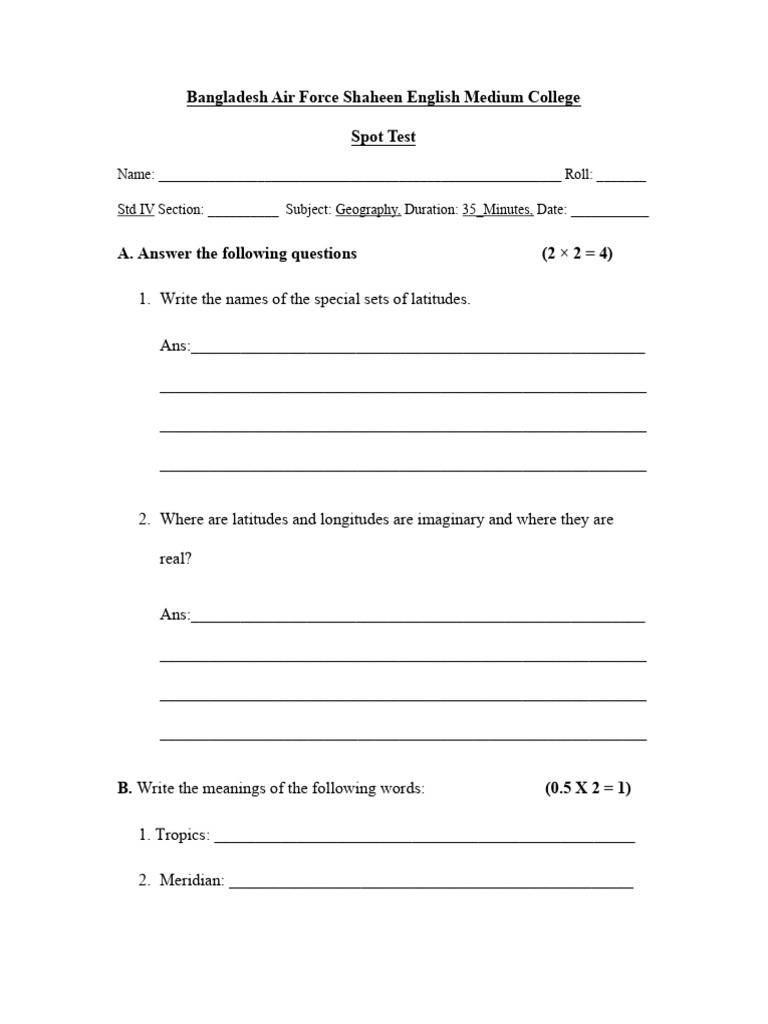 Spot Test 2 STD 4 | PDF