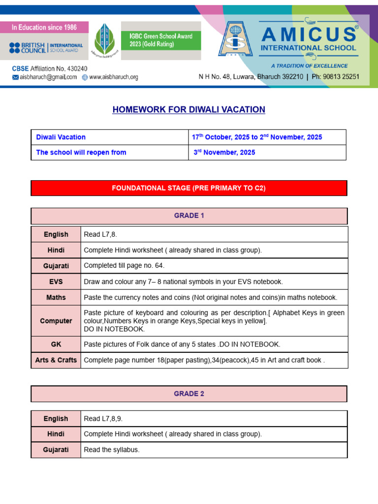 Homework For Diwali Vacation Pdf Worksheet