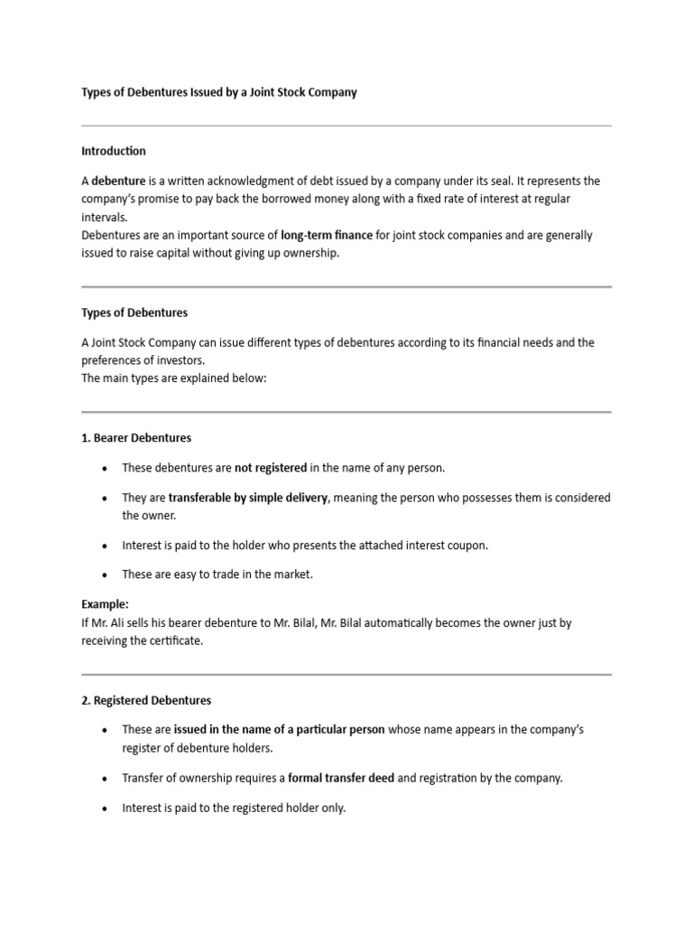 Types of Debentures in Joint Stock Companies | PDF | Debenture ...