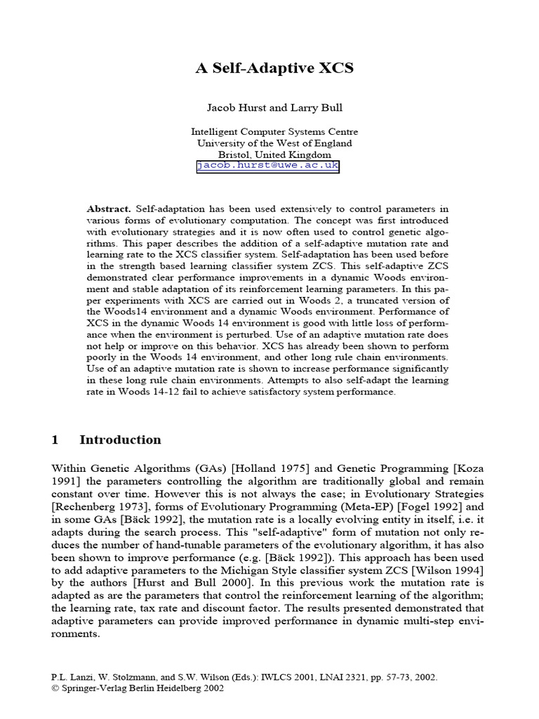 Self-Adaptive Mutation in XCS Systems | PDF | Learning | Machine Learning