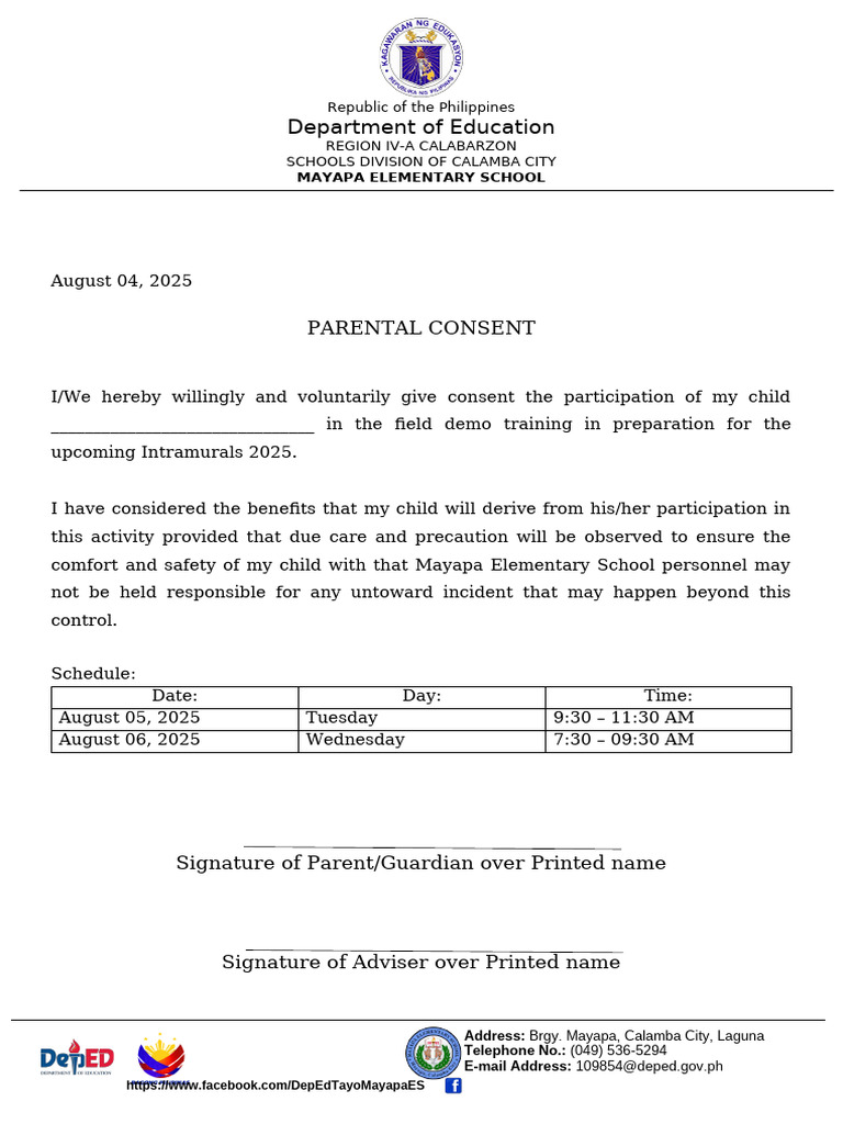 Parental Consent for Intramurals 2025 | PDF