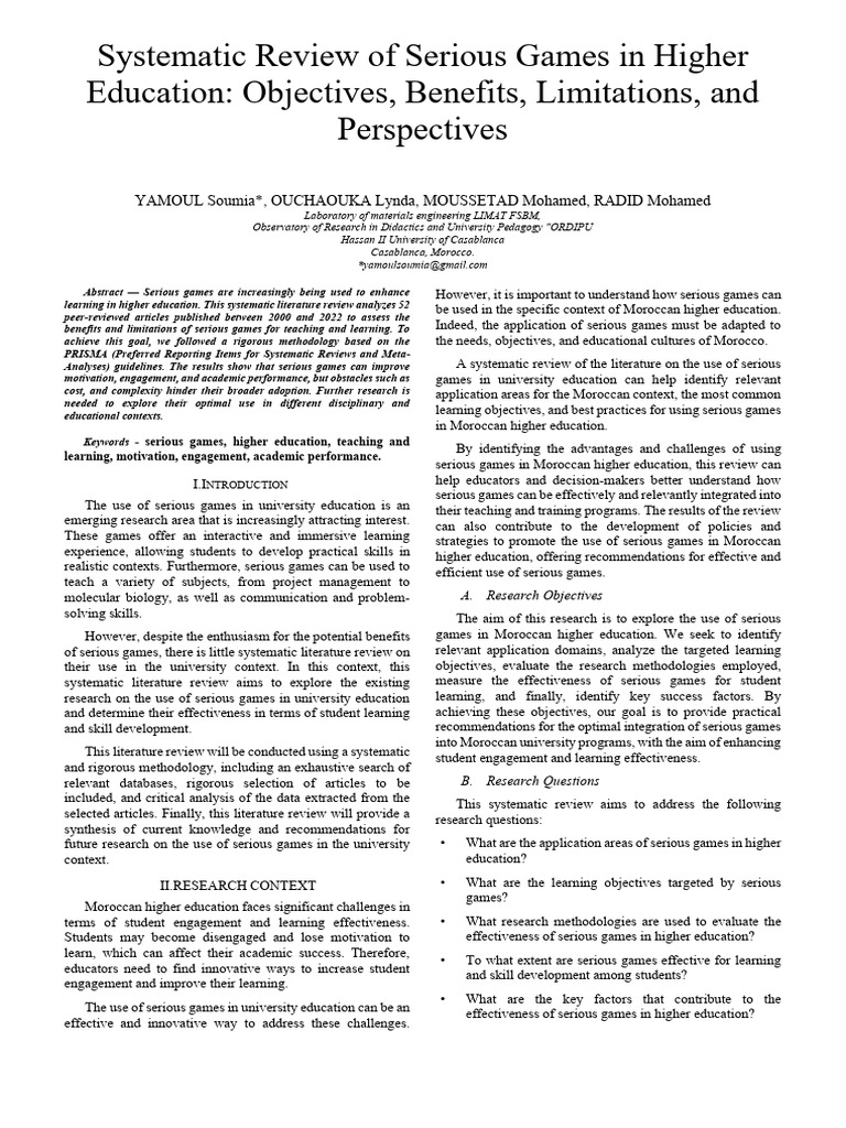 Serious Games in Higher Education Review | PDF | Systematic Review ...