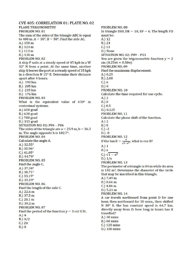 Plate No. 02 - Plane and Spherical Trigonometry (40 Problems) | PDF